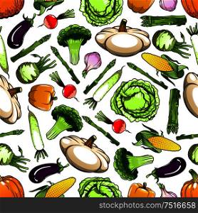 Seamless pattern of wholesome cabbages and broccoli, corn cobs and eggplants, bell peppers and garlic, pumpkins and kohlrabi, asparagus and radishes, daikon and pattypan squashes vegetables on white background. Agriculture theme. Healthy organic vegetables seamless pattern