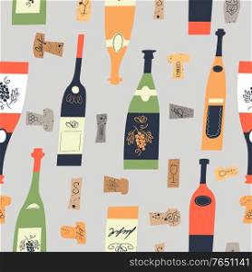 Seamless pattern of wine different wine bottles and corks. Vector illustration on a light gray background.. Seamless pattern of wine bottles and corks. Vector illustration.