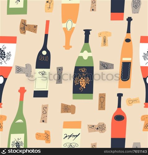 Seamless pattern of wine different wine bottles and corks. Vector illustration on a light yellow background.. Seamless pattern of wine bottles and corks. Vector illustration.
