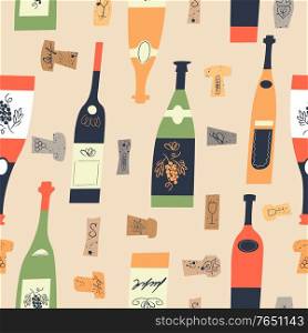 Seamless pattern of wine different wine bottles and corks. Vector illustration on a light yellow background.. Seamless pattern of wine bottles and corks. Vector illustration.