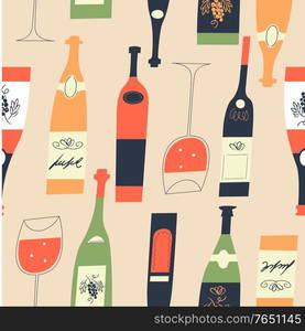 Seamless pattern of wine different wine bottles and glasses. Vector illustration on a light yellow background.. Seamless pattern of wine bottles and glasses. Vector illustration.