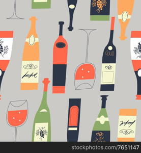 Seamless pattern of wine different wine bottles and glasses. Vector illustration on a light gray background.. Seamless pattern of wine bottles and glasses. Vector illustration.