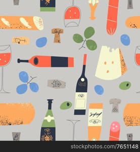 Seamless pattern of wine different wine bottles, glasses, corks, cheese, baguettes, salami and grapes. Vector illustration on a light gray background.. Seamless pattern of wine bottles, corks, glasses and food. Vector illustration.