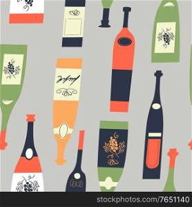Seamless pattern of wine different wine bottles. Vector illustration on a light gray background.. Seamless pattern of wine bottles. Vector illustration.
