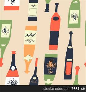 Seamless pattern of wine different wine bottles. Vector illustration on a light yellow background.. Seamless pattern of wine bottles. Vector illustration.