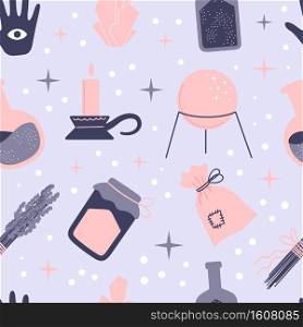 Seamless pattern of witchcraft elements on a blue background. Attributes for magic. Hand drawn vector illustration