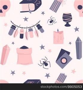 Seamless pattern of witchcraft elements on a pink background. Attributes for magic. Hand drawn vector illustration