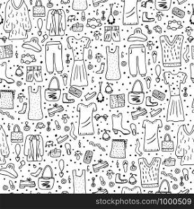 Seamless pattern of woman clothes and accessories set in doodle style. endlees background print of female fashion symbols. Vector black and white design illustration.