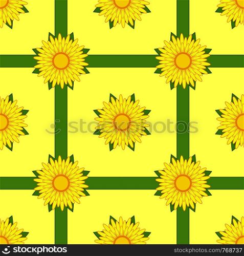 Seamless pattern of yellow flowers with ribbons and leaves on a light yellow background.. Seamless pattern of yellow flowers with ribbons and leaves on a light yellow background