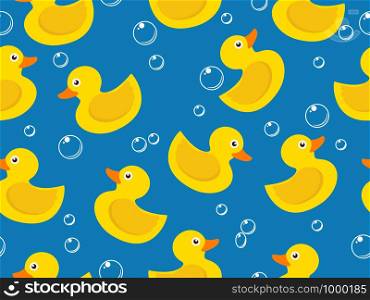 seamless pattern of yellow rubber duck on blue background