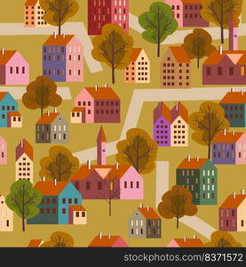 Seamless pattern old city, minimal flat style. Autumn landscape city architecture. Wrapping paper, wallpaper background. Seamless pattern old city, minimal flat style. Autumn landscape city architecture