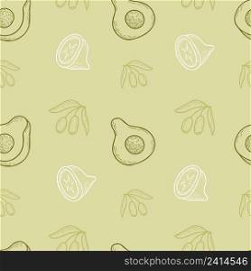 Seamless pattern. Olives, avocado and lemon on light green background. Vector illustration. Line drawing in hand drawn doodle style for design, decor, wallpaper, textile and packaging