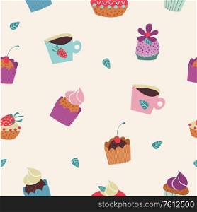 Seamless pattern on a light background. Cute beautiful and delicious cakes with cream, chocolate and strawberries, cups of coffee. Vector illustration in a flat cartoon style.. Seamless pattern on a light background. Cute beautiful and delicious cakes with cream, chocolate and strawberries, cups of coffee.