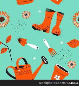 Seamless pattern on a light blue background. Tools for seasonal work in the garden. Vector illustration in a trending style.. Seamless pattern on a light blue background. Tools for seasonal work in the garden.