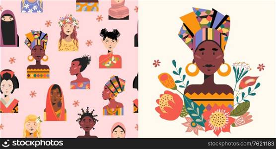 Seamless pattern on a light pink background. Portraits of women of different nationalities, different races. Vector illustration of an African woman with flowers.. Women of the world. Women of different nationalities. Seamless pattern. Vector illustration.