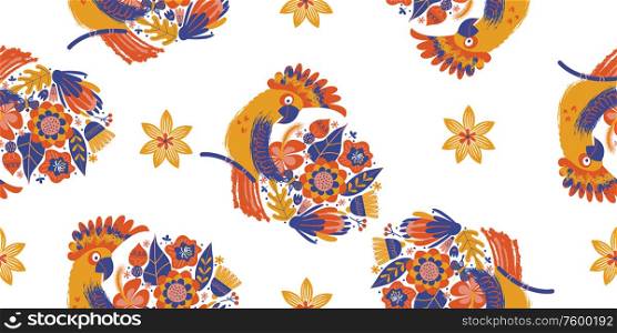 Seamless pattern on a white background. A parrot among exotic bright colors . Vector illustration.. Seamless pattern on a white background. Parrot and bright flowers.