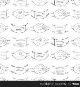 Seamless pattern on a white background. Cartoon masks in hand draw style. Medical masks, respirators. Anti-virus advertising background. Monochrome medical seamless pattern. Coloring pages, black and white