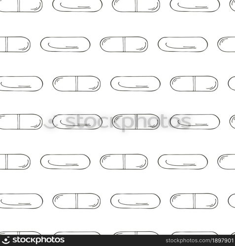 Seamless pattern on a white background. Cartoon medical drugs in hand draw style. Background for packaging. Monochrome medical seamless pattern. Coloring pages, black and white