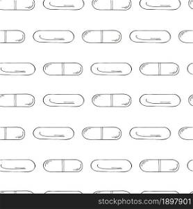 Seamless pattern on a white background. Cartoon medical drugs in hand draw style. Background for packaging. Monochrome medical seamless pattern. Coloring pages, black and white