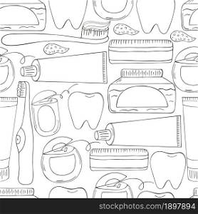 Seamless pattern on a white background. Coloring elements in hand draw style. Background for packaging, advertising. Dental health, toothpaste. Monochrome medical seamless pattern. Coloring pages, black and white