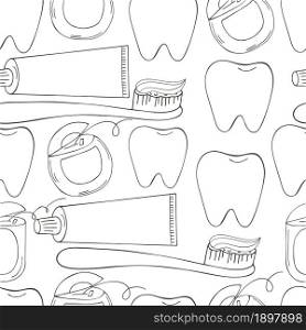 Seamless pattern on a white background. Coloring elements in hand draw style. Background for packaging, advertising. Dental health, toothpaste, toothbrush. Monochrome medical seamless pattern. Coloring pages, black and white