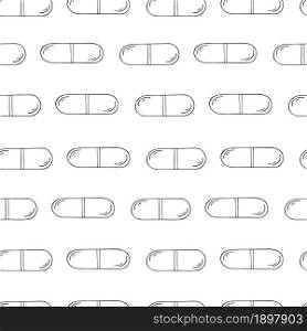 Seamless pattern on a white background. Coloring medical drugs in hand draw style. Monochrome medical seamless pattern. Coloring pages, black and white