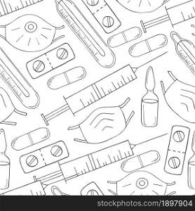 Seamless pattern on a white background. Coloring medical instruments in hand draw style. Mask, syringe, pills. Monochrome medical seamless pattern. Coloring pages, black and white