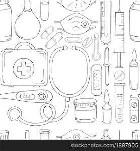 Seamless pattern on a white background. Coloring medical instruments in hand draw style. Masks, medicines, medical case, stethoscope. Monochrome medical seamless pattern. Coloring pages, black and white
