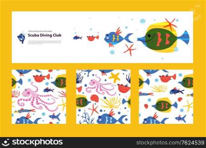 Seamless pattern on a white background. Tropical fish, marine life, underwater life. Colorful vector illustration on a white background.. Seamless pattern. Marine life, underwater world, aquarium fish. Vector illustration on a white background.