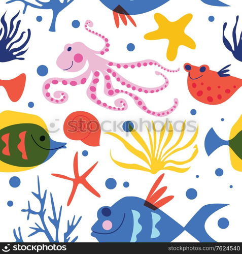 Seamless pattern on a white background. Tropical fish, marine life, underwater life. Colorful vector illustration on a white background.. Seamless pattern. Marine life, underwater world, aquarium fish. Vector illustration on a white background.