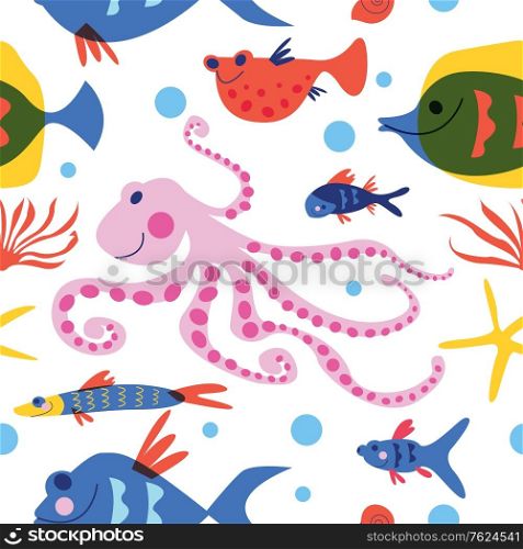 Seamless pattern on a white background. Tropical fish, marine life, underwater life. Colorful vector illustration on a white background.