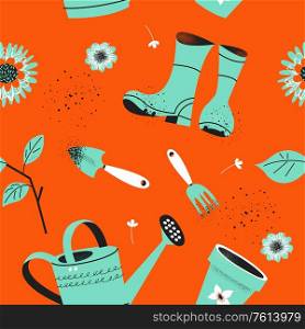Seamless pattern on an orange background. Tools for seasonal work in the garden. Vector illustration in a modern trend style.. Seamless pattern on an orange background. Tools for seasonal work in the garden.
