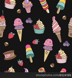 Seamless pattern on black background. Miscellaneous ice cream wi. Seamless pattern on black background. Hand-drawn ice cream. Miscellaneous ice cream with topping, nuts, berries, chocolate and cookies. Vector illustration of Doodle.