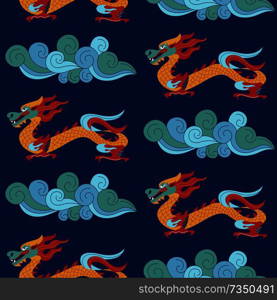 Seamless pattern on blue background. Traditional Chinese pattern with Chinese dragons. Vintage abstract seamless pattern with China. Textile design. Textile ornament. Richly decorated with beautiful texture. Colorful Wallpaper.. Seamless pattern in Chinese style with Chinese dragons. Vector colorful illustration. Traditional Chinese pattern.