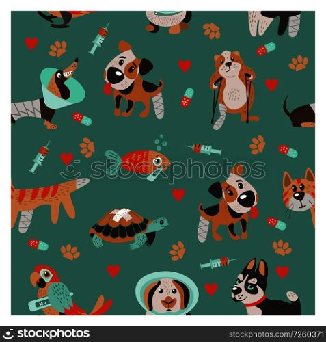Seamless pattern on green background for veterinary clinics and animal shelters. Cute sick animals. Dogs, cats, turtles, hamster and fish.. Veterinary care. Vector template flyer veterinary clinic.