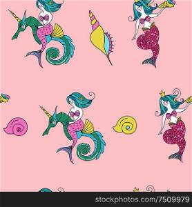 Seamless pattern on light background. A mythological sea creature. Mermaid riding on a seahorse. Vector illustration.
