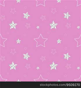 Seamless pattern on pink background with silver confetti stars.