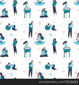 Seamless pattern on theme pregnancy and birth baby. Young parents expecting baby. Dad holds newborn baby. Pregnant woman. Texture background of parents isolated on white. Trendy vector illustration. Seamless pattern on theme pregnancy and birth baby. Young parents expecting baby. Dad holds newborn baby. Texture background