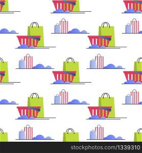Seamless Pattern on White Backdrop. Flat Cartoon Shopping Baskets and Bags. Vector Repeat Illustration. Sales and Discounts Theme. Shop Advertisement Backgrounds. Template for Special Marketing Offers. Seamless Pattern with Shopping Baskets and Bags
