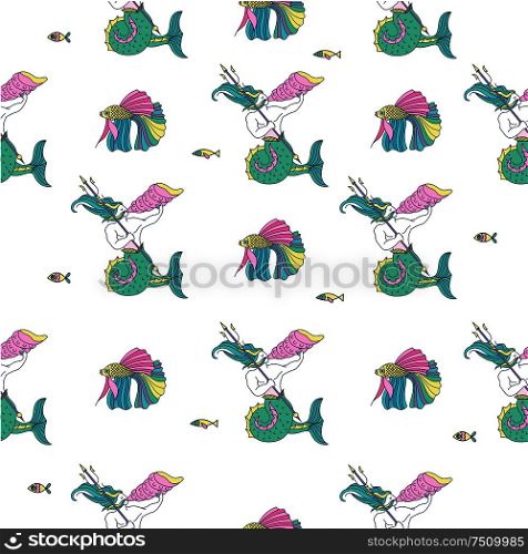 Seamless pattern on white background. A mythological sea creature. Sea king Triton blows a horn. Vector illustration.