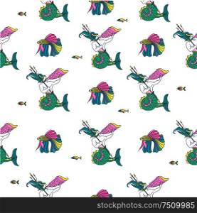 Seamless pattern on white background. A mythological sea creature. Sea king Triton blows a horn. Vector illustration.