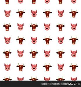 Seamless pattern on white background. Cute cows and pigs. Farm products.
