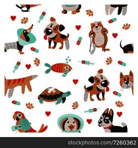 Seamless pattern on white background for veterinary clinics and animal shelters. Cute sick animals. Dogs, cats, turtles, hamster and fish.. Veterinary care. Vector template flyer veterinary clinic.