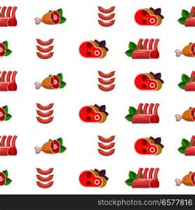 Seamless pattern on white background. Fresh meat. Delicious ham, sausages and steak. Vector illustration.