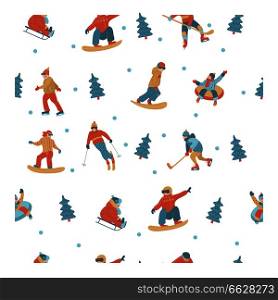 Seamless pattern. On white background. Happy New Year. Vector illustration. A set of characters engaged in winter sports and recreation.. Seamless pattern. Happy New Year. Vector illustration. A set of characters engaged in winter sports and recreation.