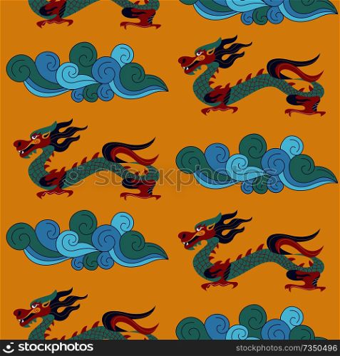 Seamless pattern on yellow background. Traditional Chinese pattern with Chinese dragons. Vintage abstract seamless pattern with China. Textile design. Textile ornament. Richly decorated with beautiful texture. Colorful Wallpaper.. Seamless pattern in Chinese style with Chinese dragons. Vector colorful illustration. Traditional Chinese pattern.