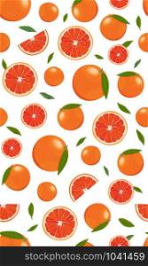 Seamless pattern orange fruits and slice with leaves on white background. Grapefruit vector illustration.