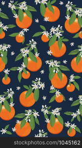 Seamless pattern orange fruits with flowers and leaves on black background. Vector illustration.