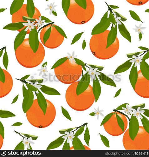 Seamless pattern orange fruits with flowers and leaves on white background. Grapefruit vector illustration.