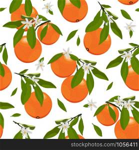 Seamless pattern orange fruits with flowers and leaves on white background. Grapefruit vector illustration.